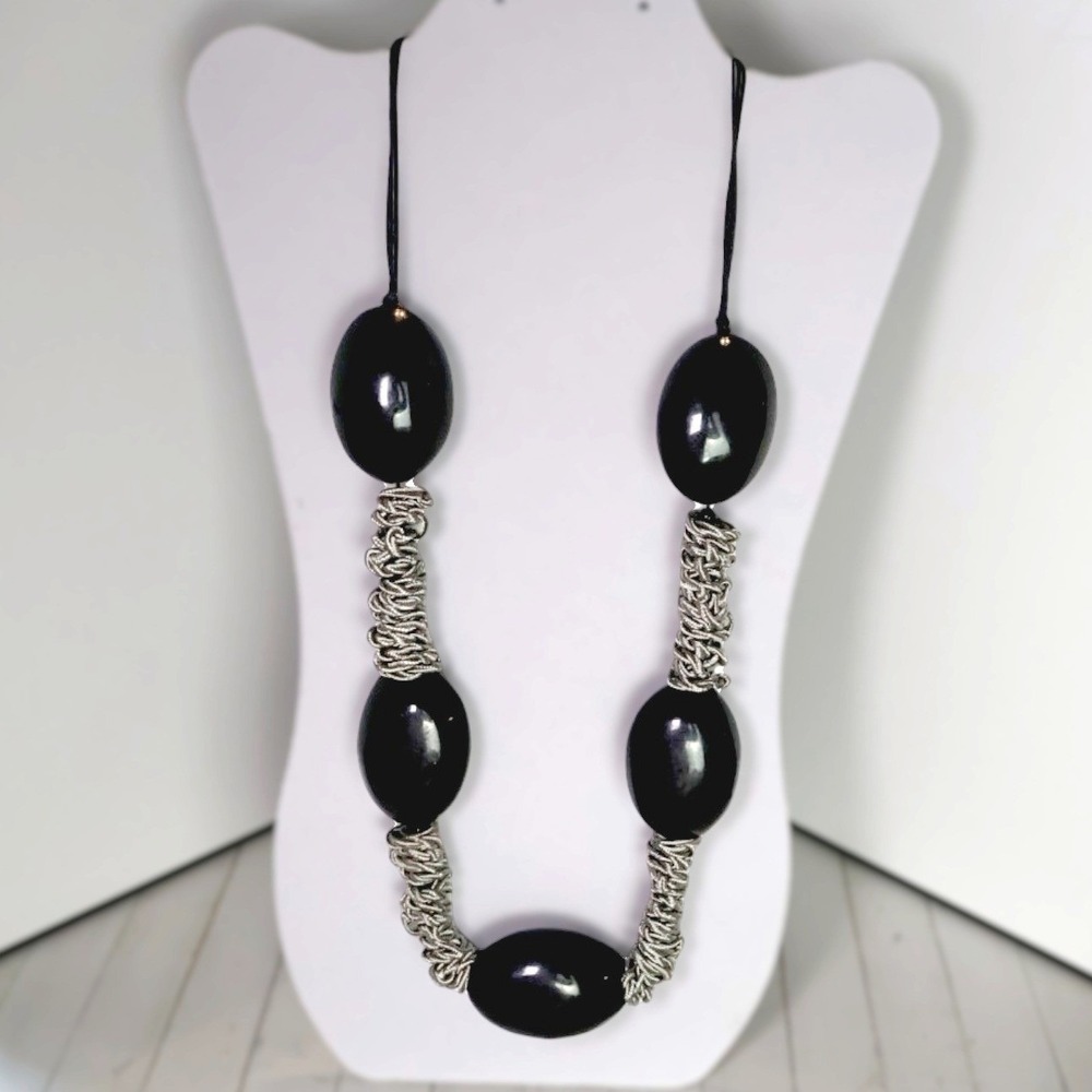 Chico's NOS Chunky Black Resin Oval Textured Silver Link Chain Collar Necklace
